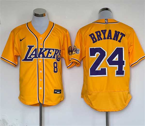 Men%27s Los Angeles Lakers Front #8 Back #24 Kobe Bryant Yellow Stitched Baseball Jersey->los angeles lakers->NBA Jersey